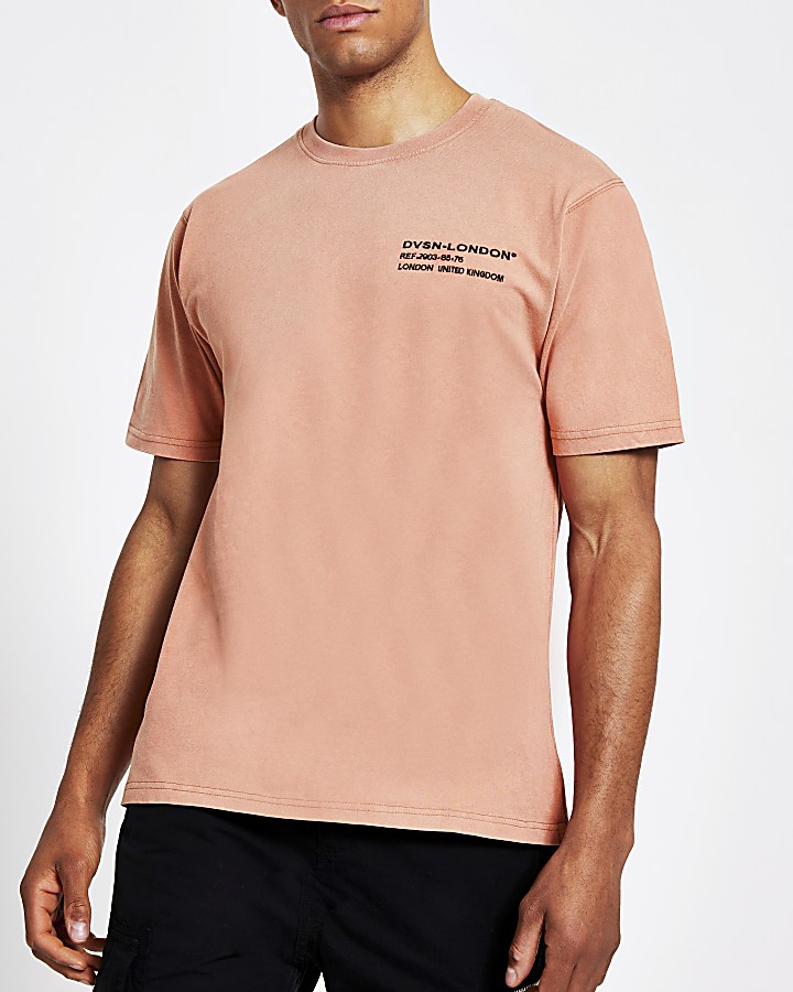 Coral pink chest print slim fit T-shirt