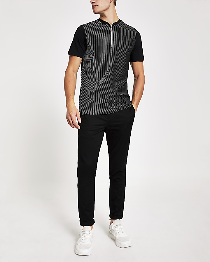 Black pinstripe zip neck slim fit polo shirt