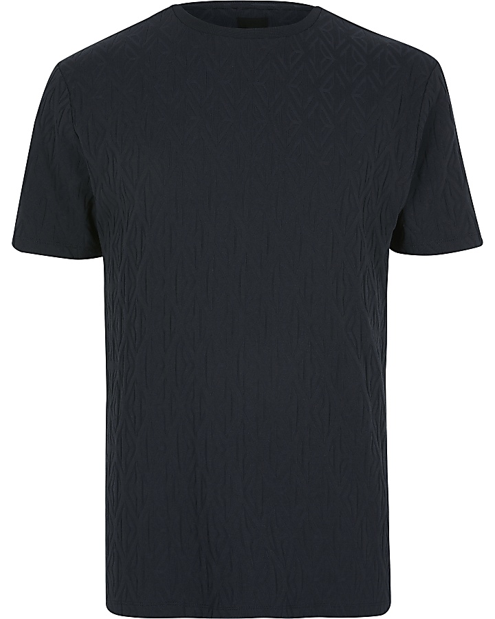 Dark blue slim fit jacquard T-shirt