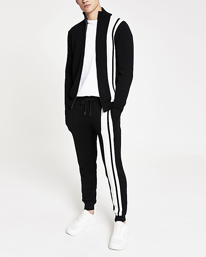 Black stripe funnel neck knitted jacket