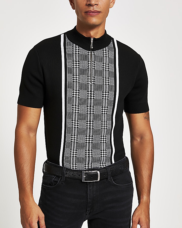 Black check slim fit half zip polo shirt