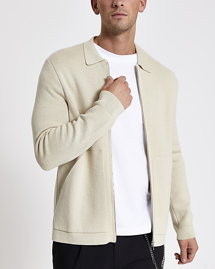 Stone slim fit long sleeve knitted overshirt