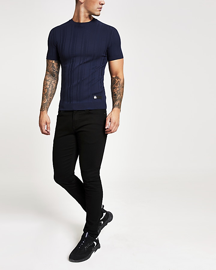 Navy rib knitted muscle fit T-shirt