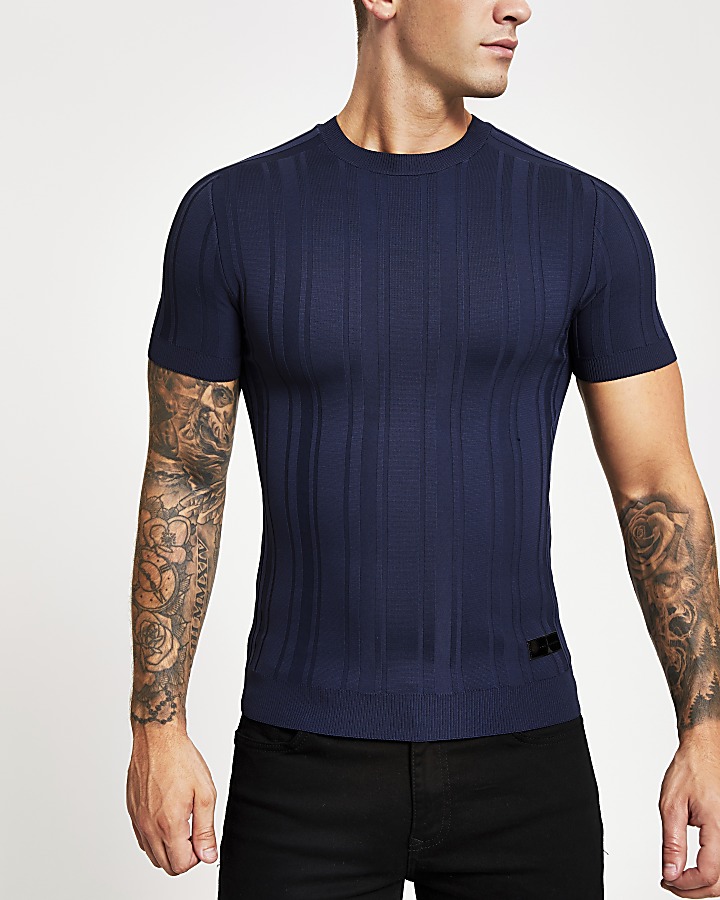 Navy rib knitted muscle fit T-shirt