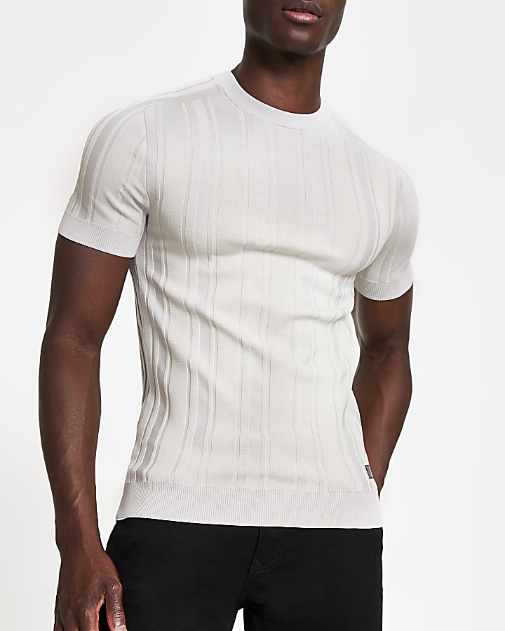 Grey ribbed knitted muscle fit T-shirt