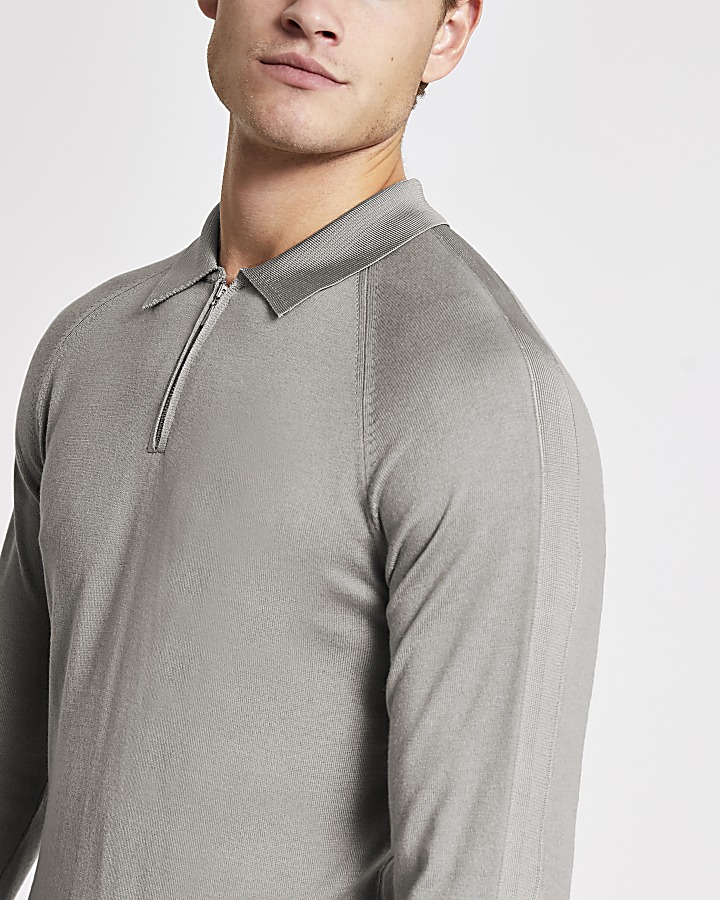 Grey slim fit half zip knitted polo shirt