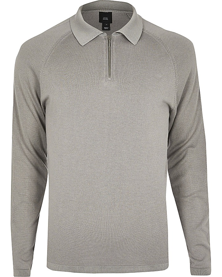 Grey slim fit half zip knitted polo shirt
