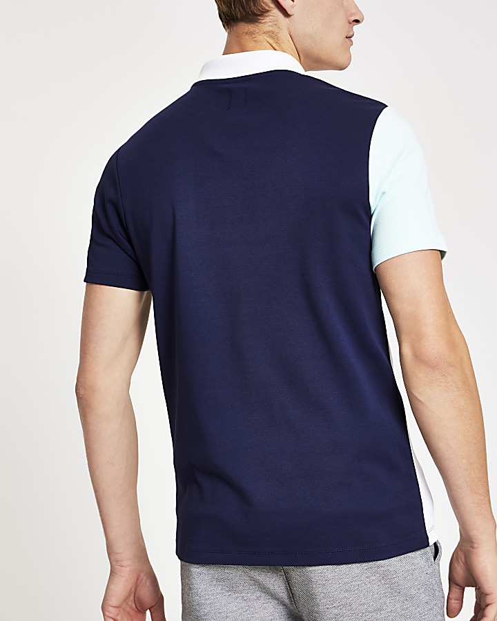 Navy block colour zip front polo shirt