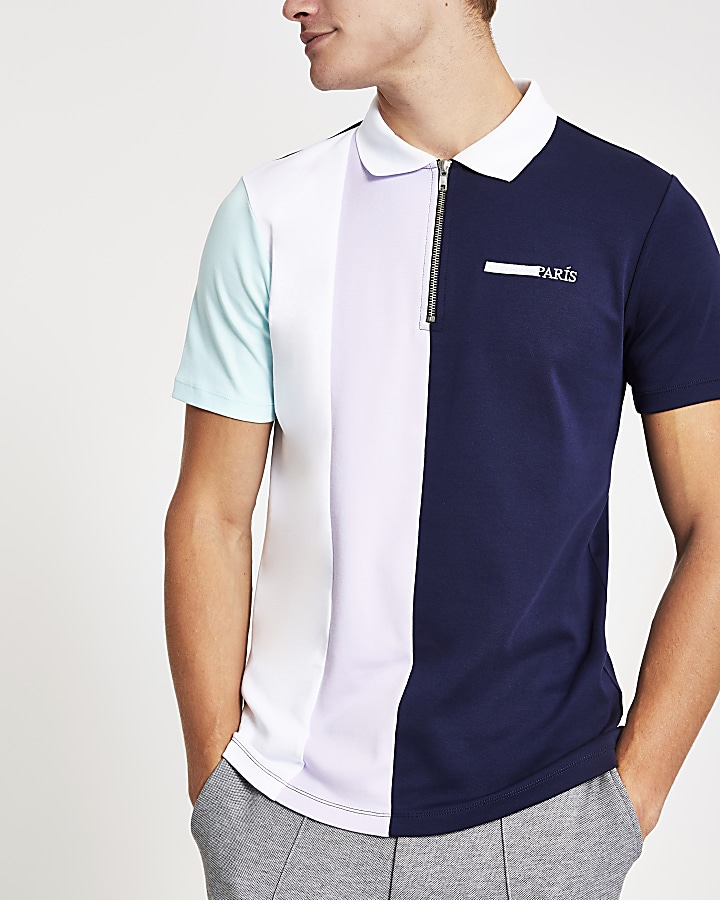 Navy block colour zip front polo shirt