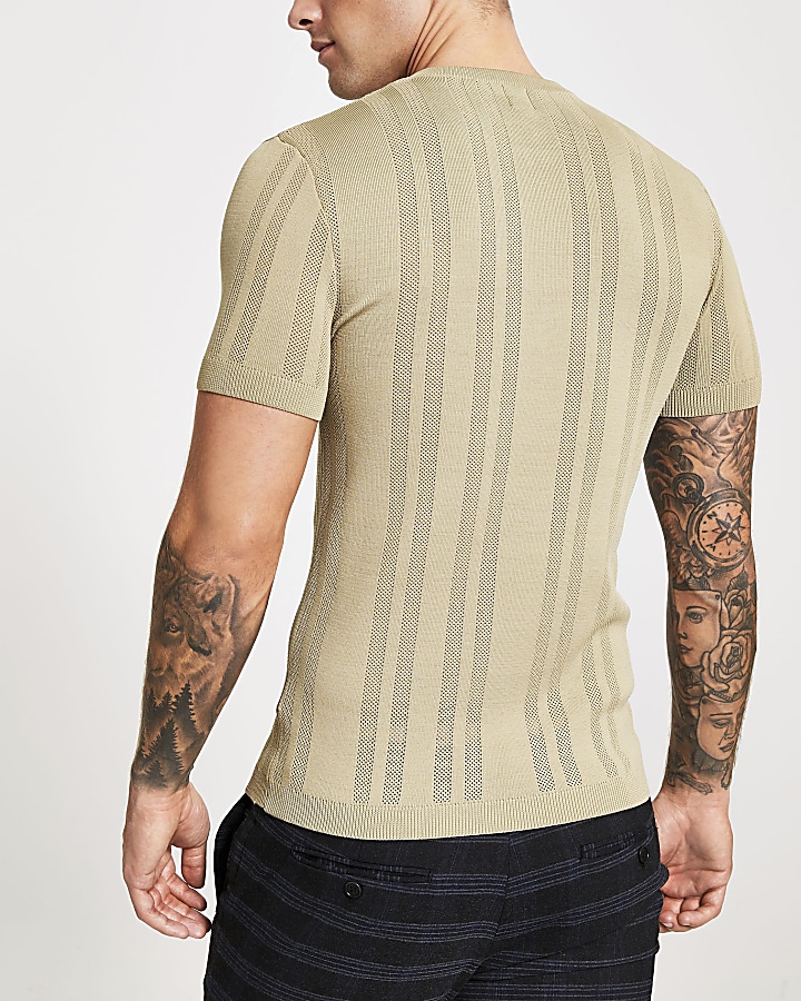 Stone zip neck muscle fit knitted T-shirt