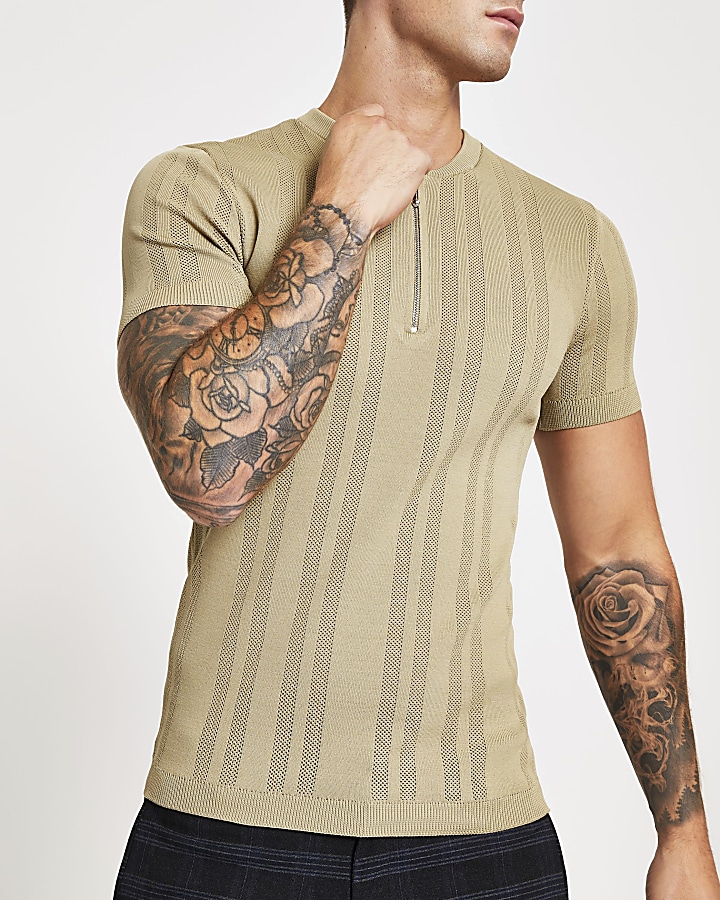 Stone zip neck muscle fit knitted T-shirt