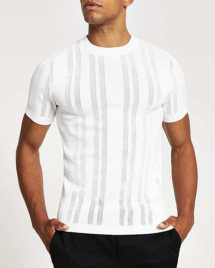 White pointelle muscle fit knitted T-shirt