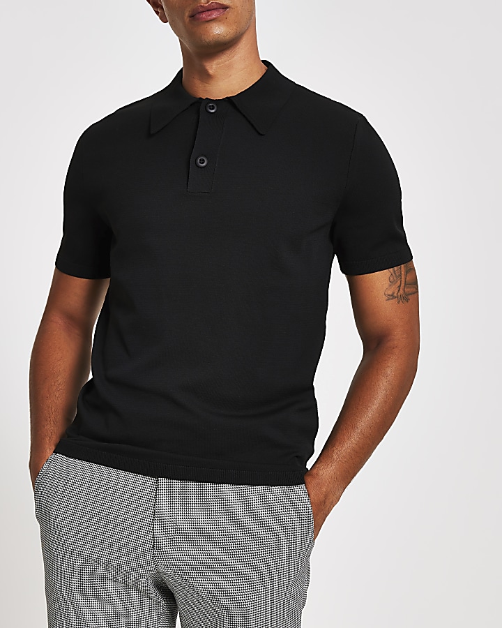 Black knitted muscle fit polo shirt