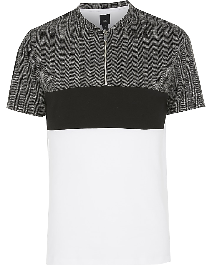 Grey check slim fit zip polo shirt