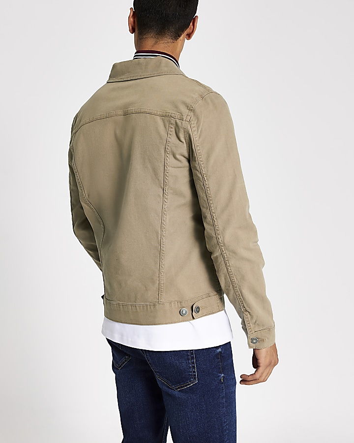 Ecru zip front long sleeve denim jacket