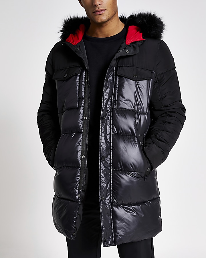 Black faux fur hood longline puffer jacket