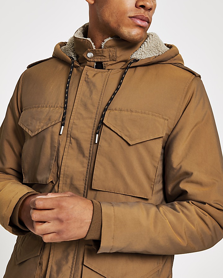 Brown borg lined hooded utility parka