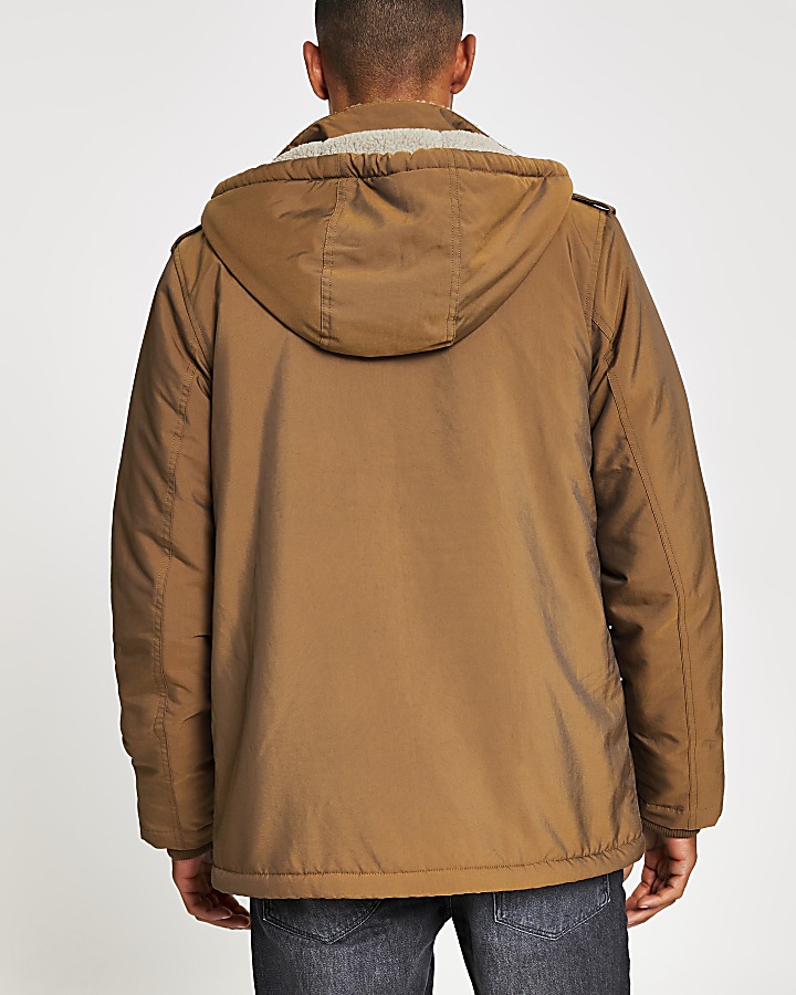 Brown borg lined hooded utility parka