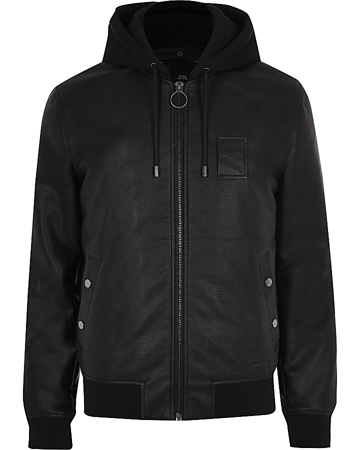 Black faux leather hooded bomber jacket
