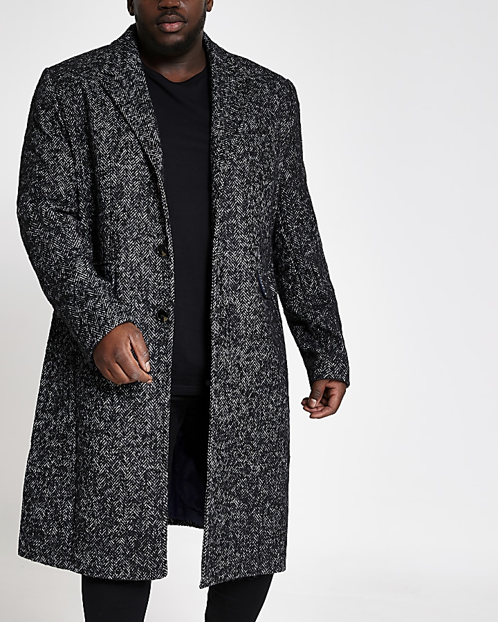 Big and Tall grey herringbone wool overcoat