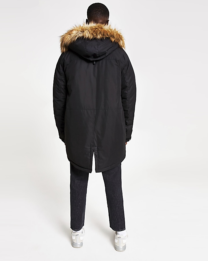 Black faux fur hooded parka jacket