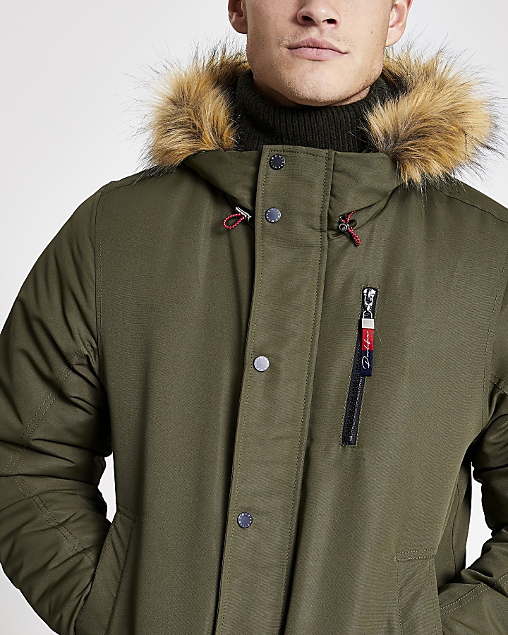 Prolific khaki faux fur hooded padded jacket