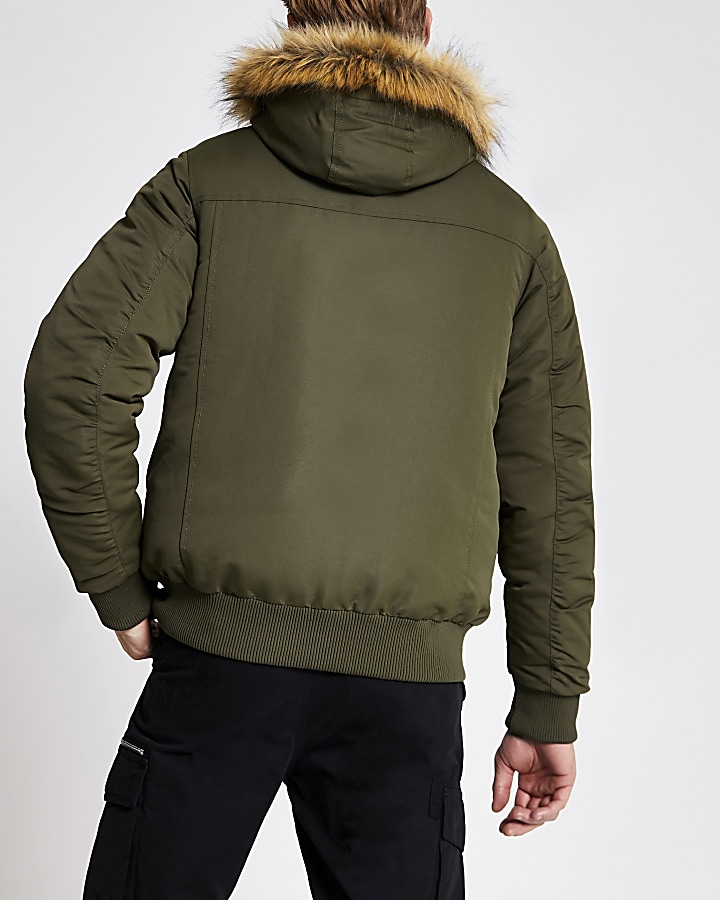 Prolific khaki faux fur hooded padded jacket