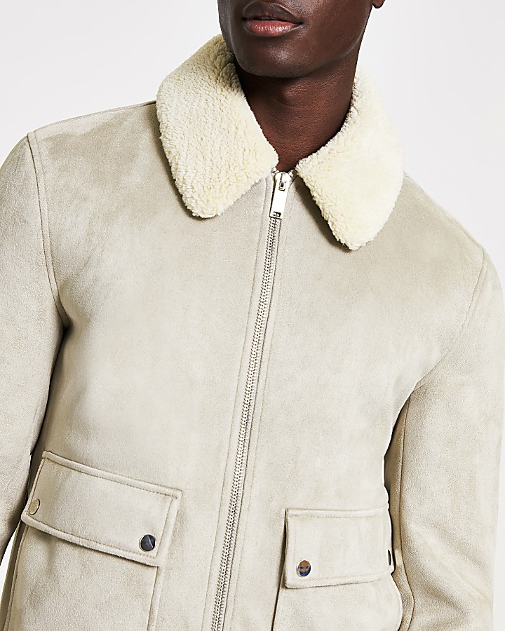 Grey faux suede borg collar jacket