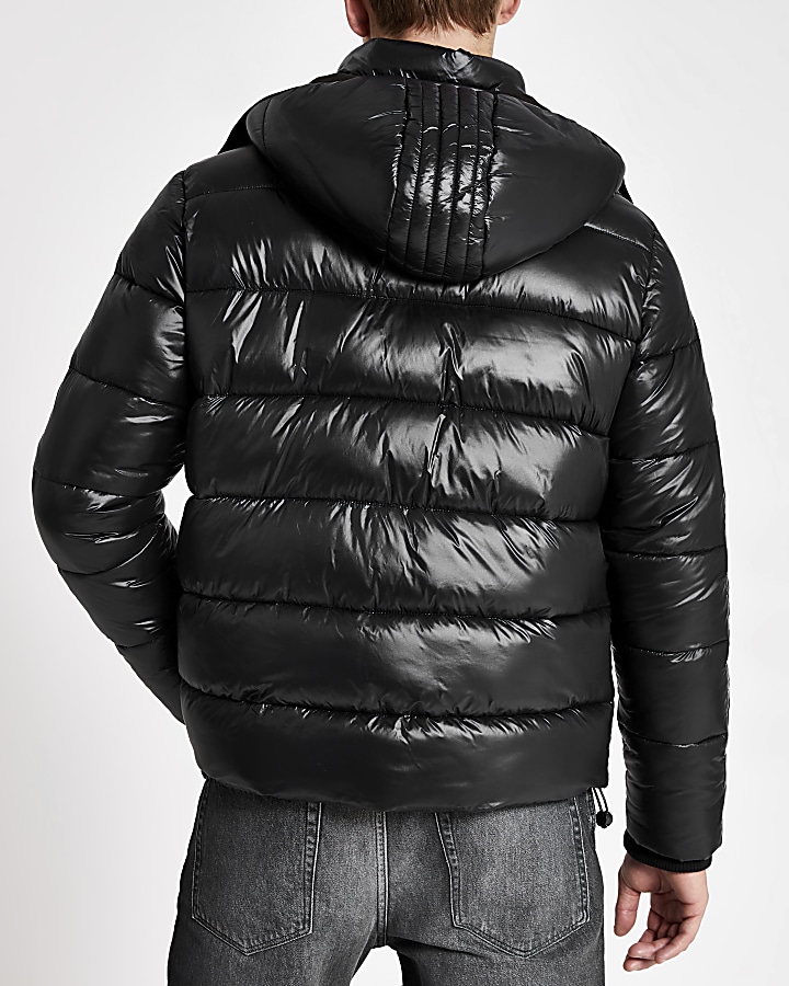 Prolific black tape hooded puffer jacket