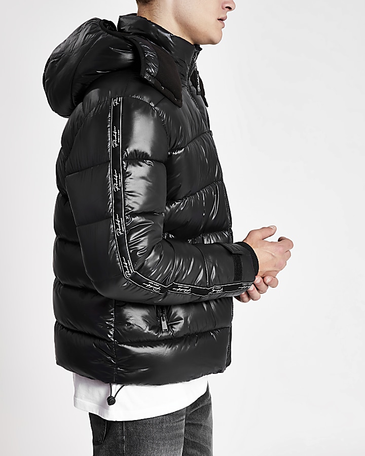 Prolific black tape hooded puffer jacket