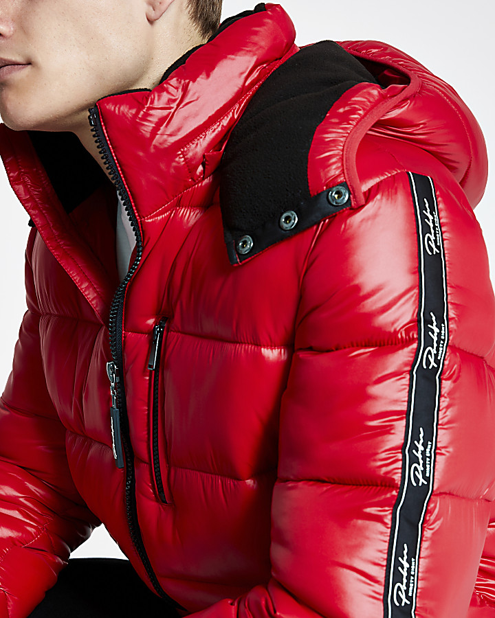Prolific red tape hooded puffer jacket