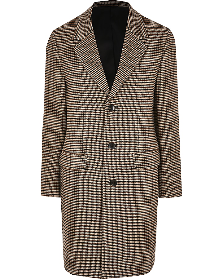 Brown check longline overcoat