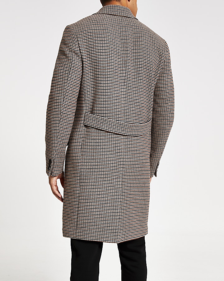 Brown check longline overcoat