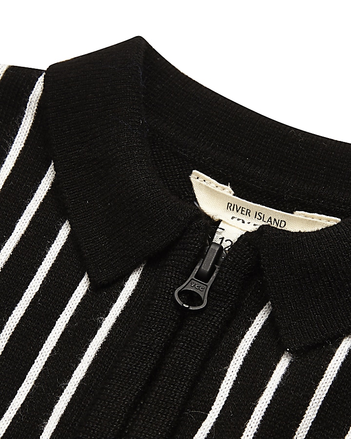 Mini boys black stripe knit polo shirt