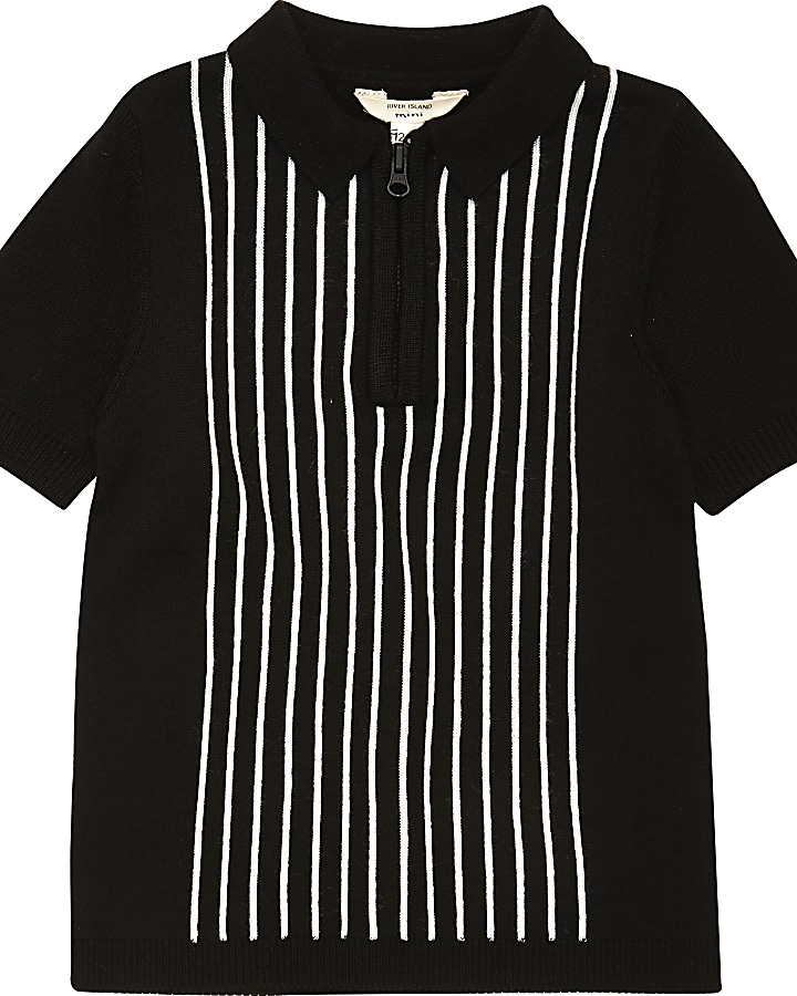Mini boys black stripe knit polo shirt