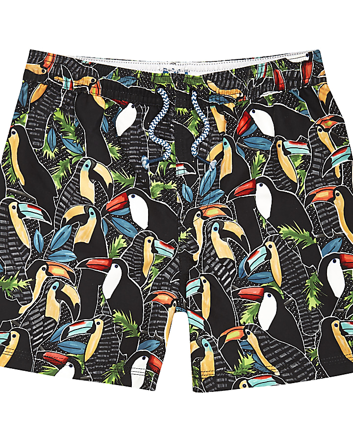 Boys black toucan print swim shorts