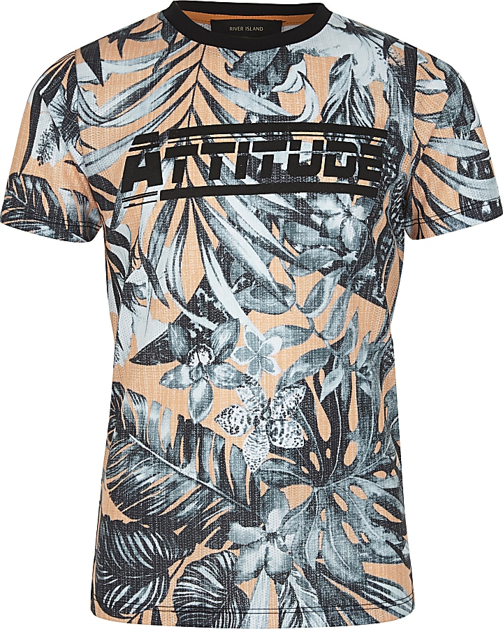 Boys orange palm print 'attitude' T-shirt