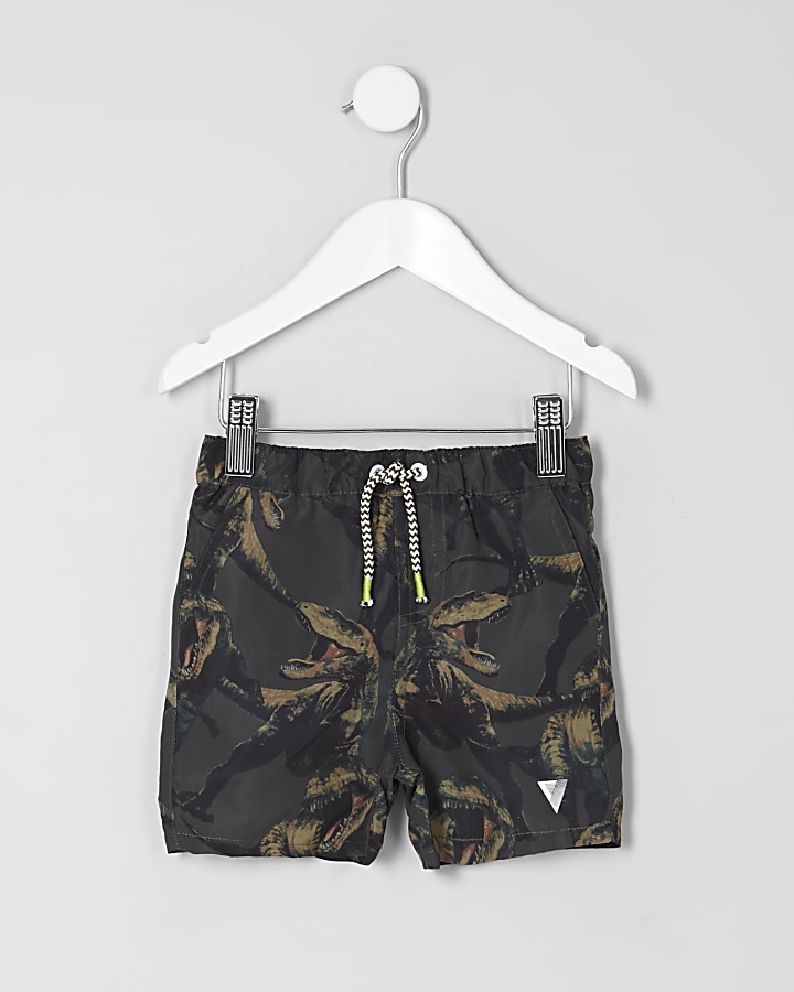 Mini boys khaki green dino print swim shorts