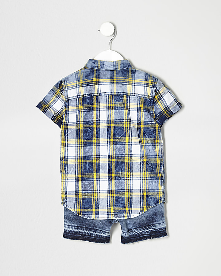 Mini boys blue check shirt and shorts outfit