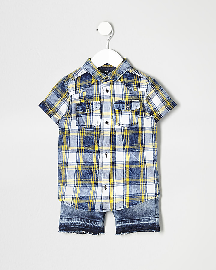Mini boys blue check shirt and shorts outfit