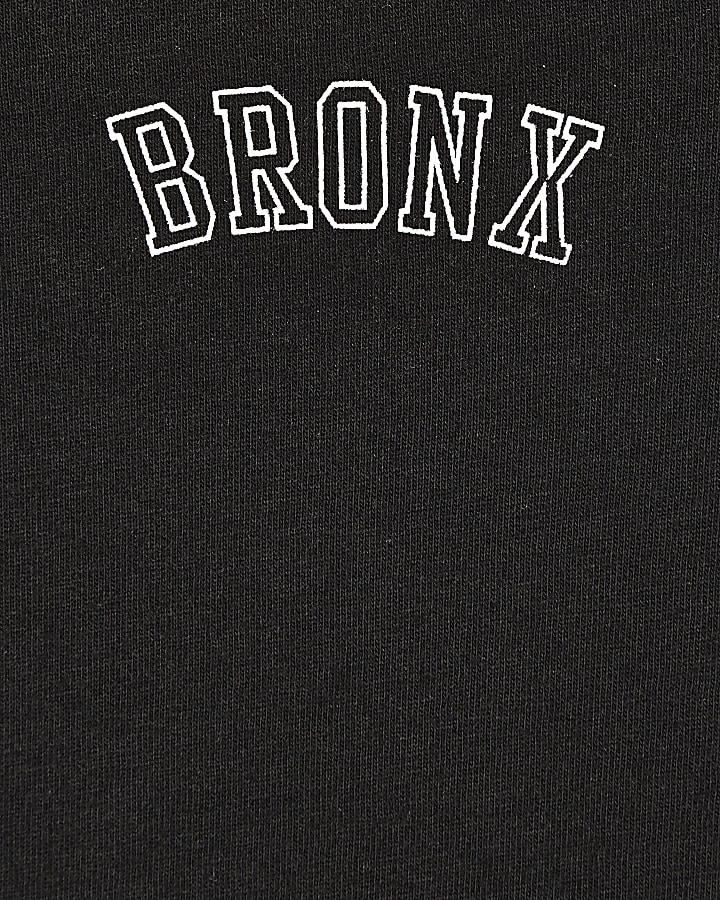 Boys black 'Bronx' print curved hem T-shirt
