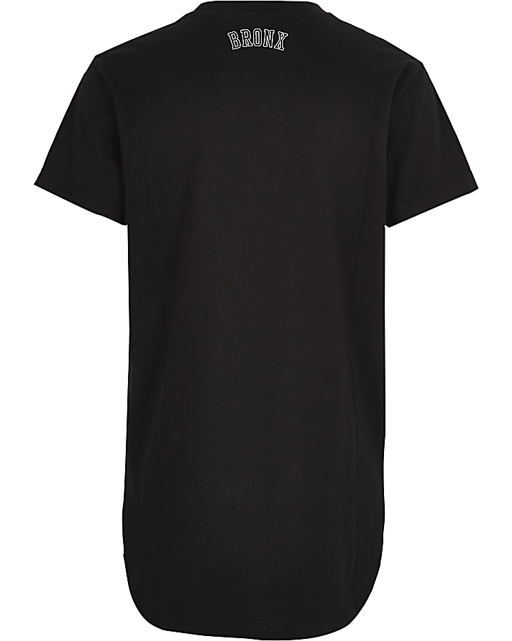 Boys black 'Bronx' print curved hem T-shirt