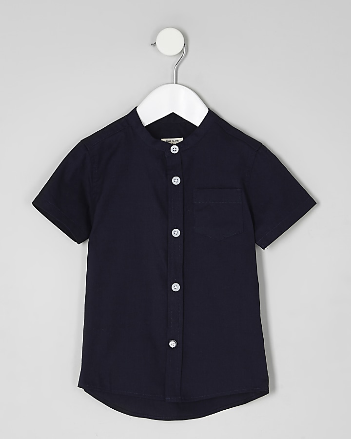 Mini boys navy grandad short sleeve shirt