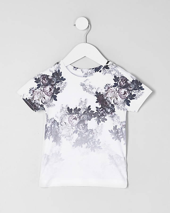 Mini boys white floral fade print T-shirt