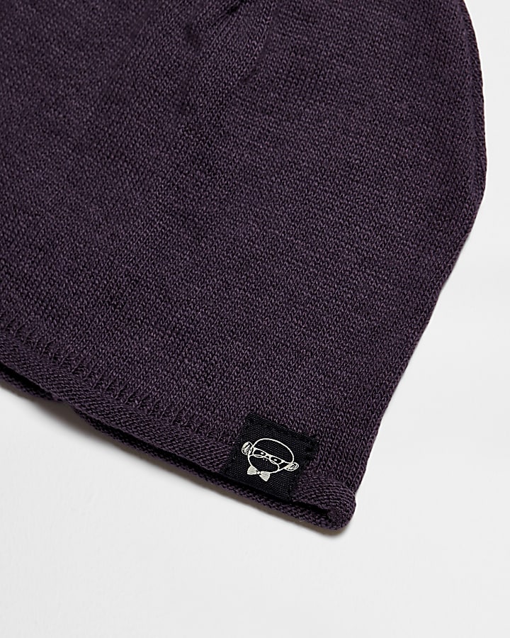 Mini boys purple knit slouch beanie hat