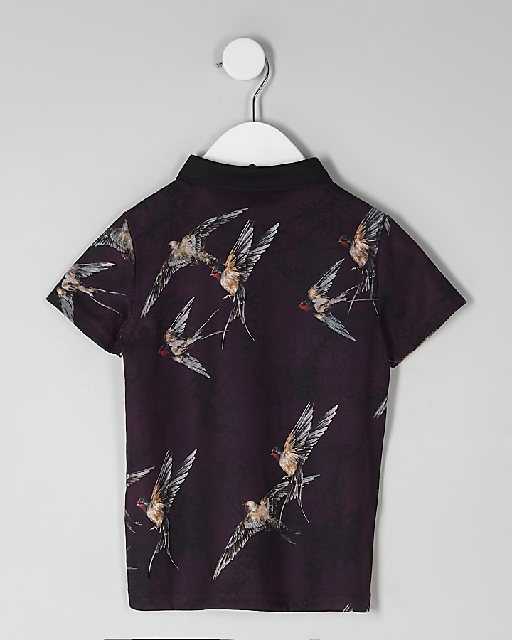 Mini boys  purple bird print polo shirt