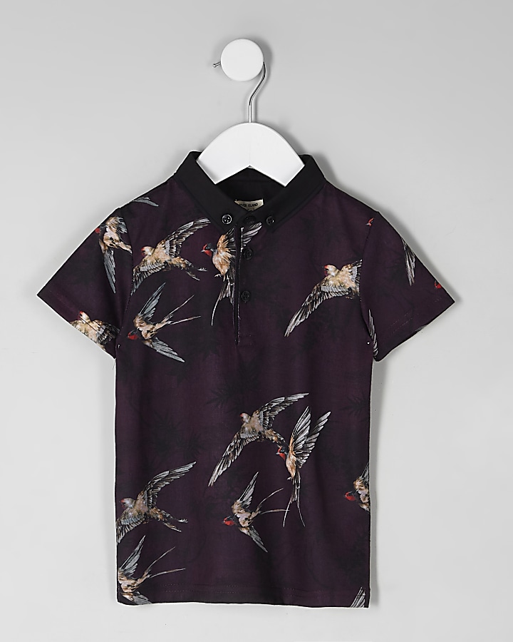 Mini boys  purple bird print polo shirt