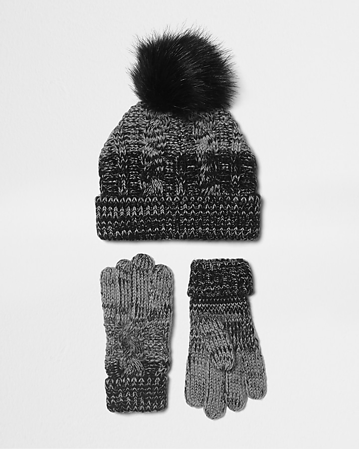 Boys black ombre knit gloves and beanie set