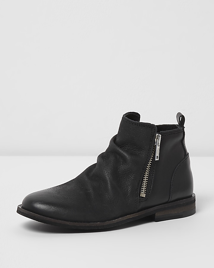 Boys black leather zip side chelsea boots