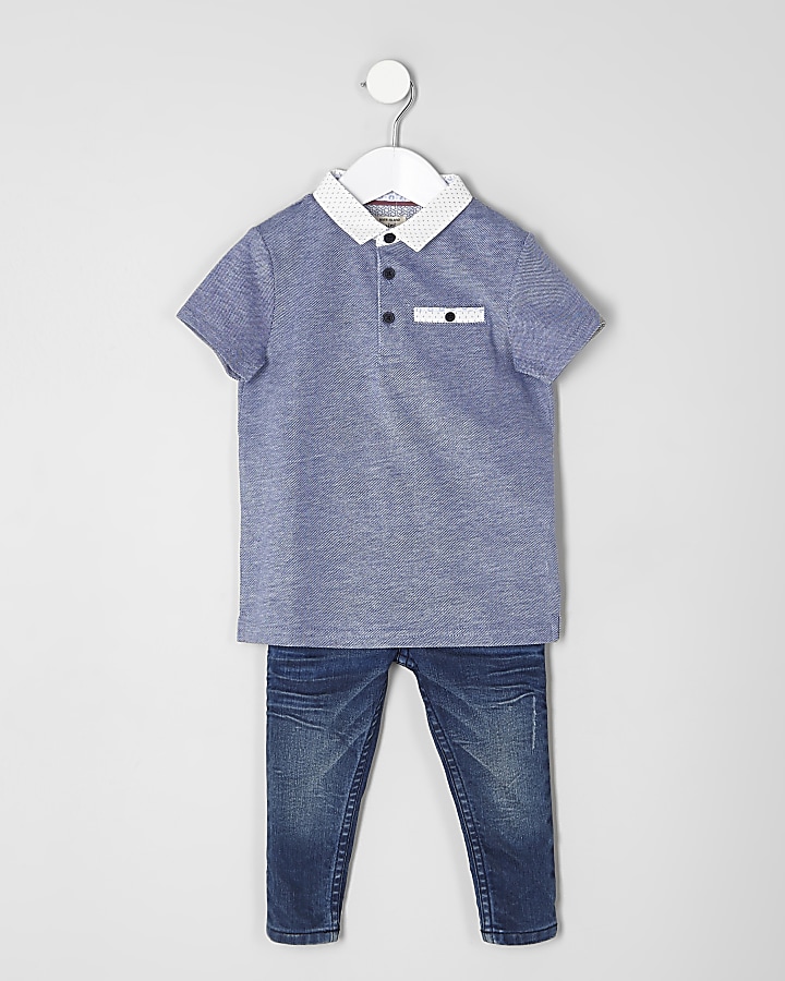 Mini boys navy polo and blue jeans outfit